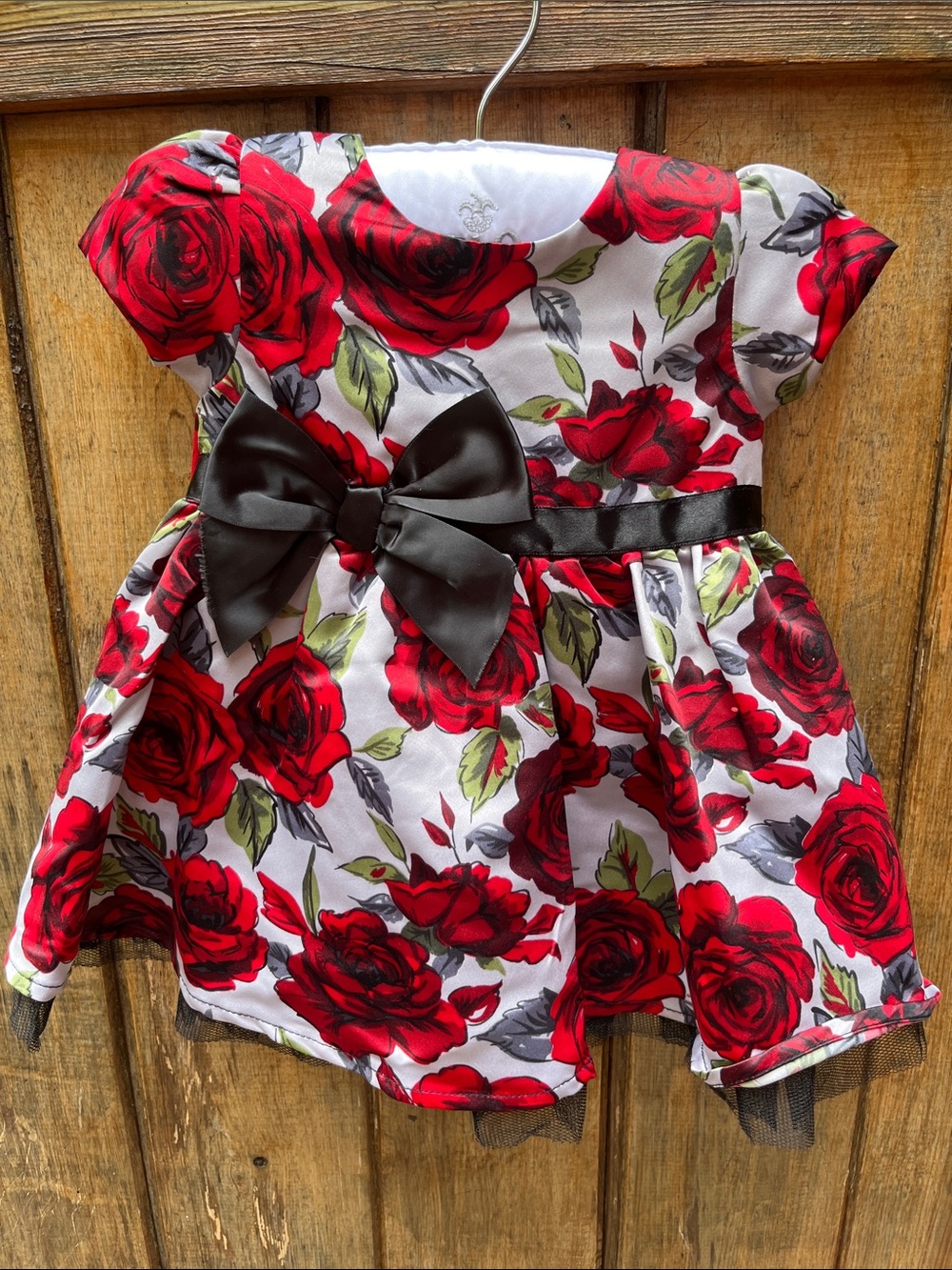 FAO Schwarz Red Rose Print Party Dress with Black Bow